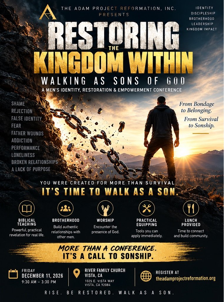 Restoring the Kingdom Within men’s conference flyer, front: Friday, December 11, 2026, River Family Church, Vista, CA